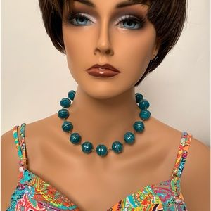Beaded Teal and Silver Tone Necklace